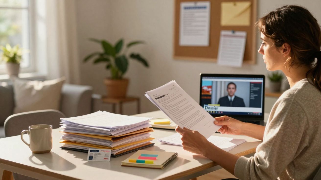 Mulher analisa documentos numa mesa com laptop e pilha de papéis, numa sala iluminada e arrumada.