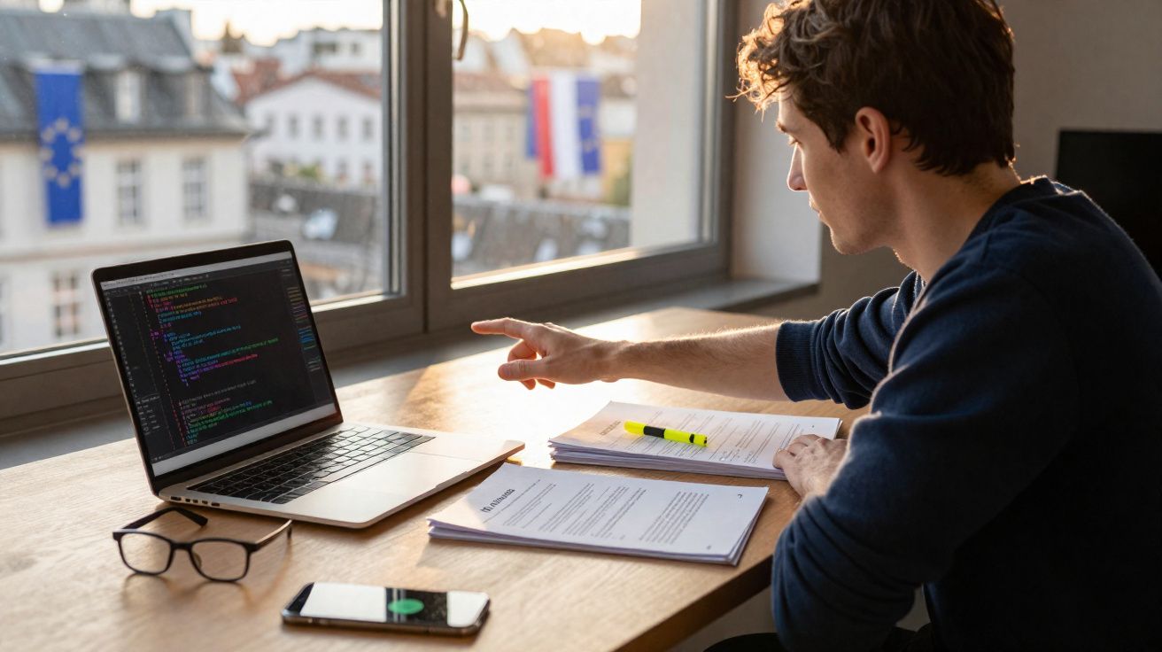 Jovem a apontar para código num computador portátil numa secretária com documentos, óculos e telemóvel.