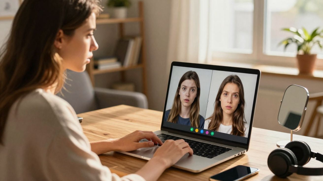 Mulher faz videoconferência com comparação entre rosto cansado e rosto descansado no ecrã do portátil.