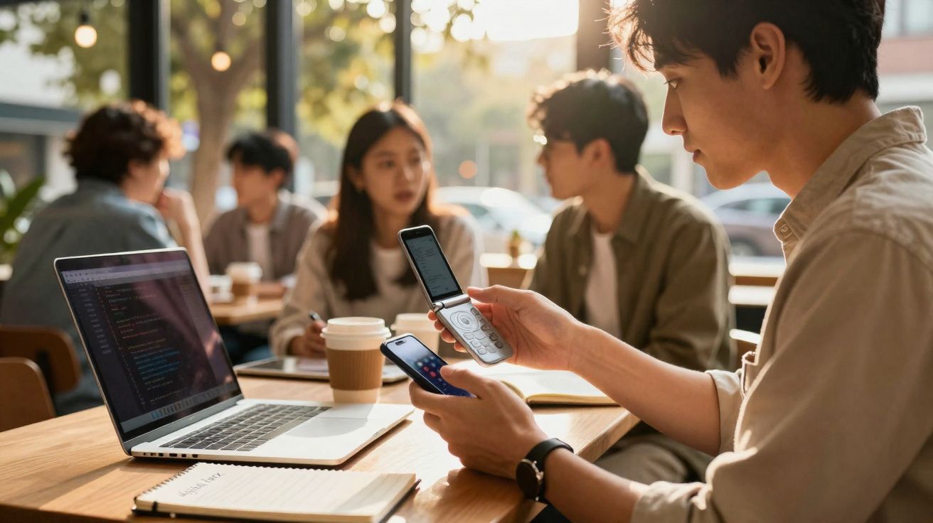 Jovem numa mesa com computador e telemóveis, com grupo de pessoas ao fundo numa conversa num café.