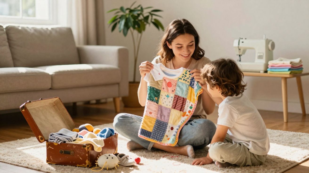 Mulher e criança sentados no chão a ver roupa colorida, com mala aberta cheia de roupas e máquina de costura ao fundo.