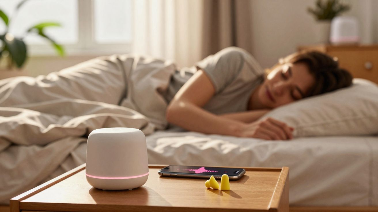 Mulher a dormir na cama com máquina de ruído branco, telefone e tampões de ouvido na mesa de cabeceira.