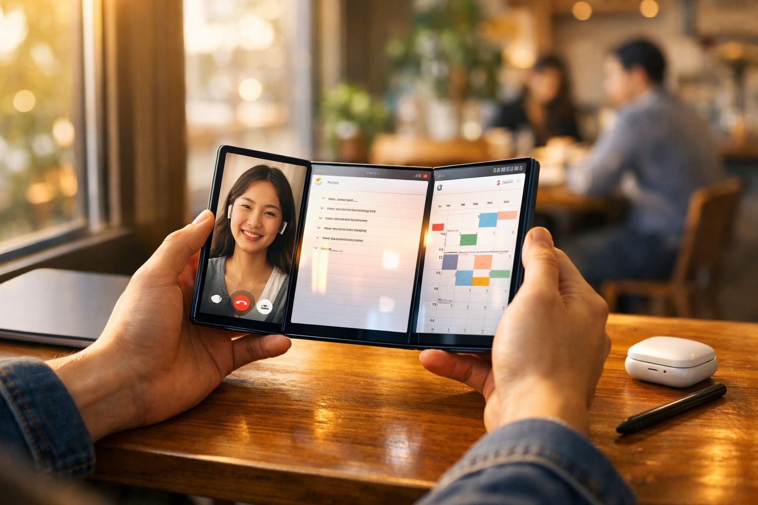 Pessoa a segurar smartphone dobrável com vídeo chamada, notas e calendário, em ambiente de café.