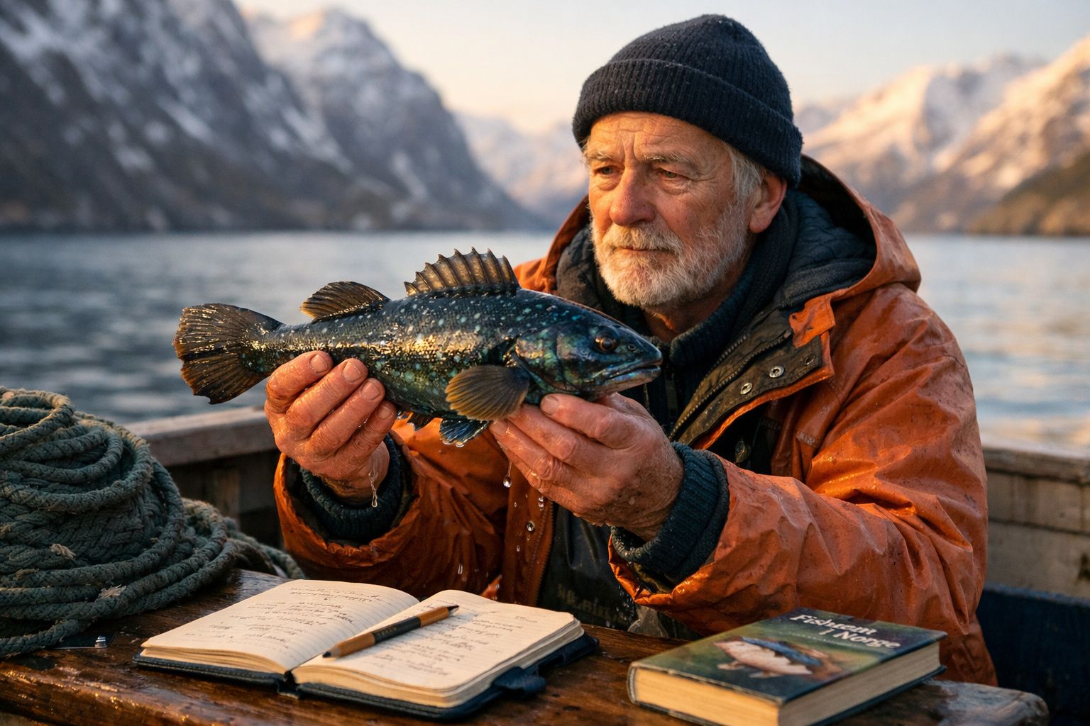 Homem idoso com casaco de chuva segura peixe numa barco com montanhas e água ao fundo.