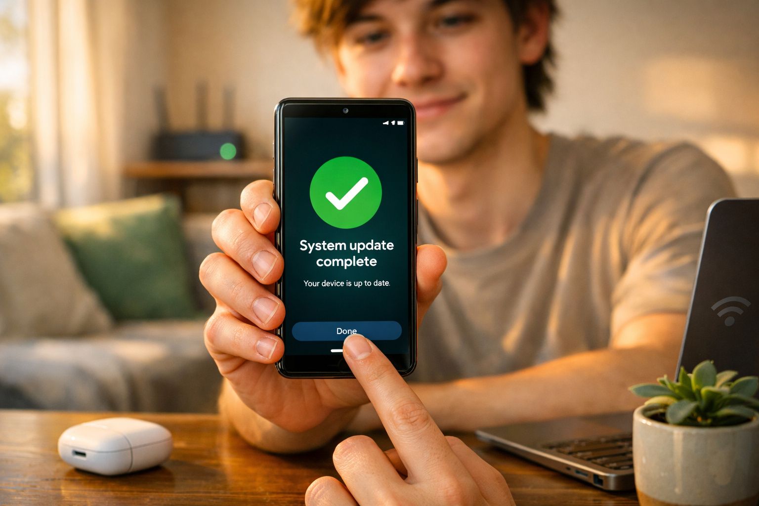 Pessoa a mostrar telemóvel com mensagem de atualização do sistema concluída numa sala com sofá e computador portátil.
