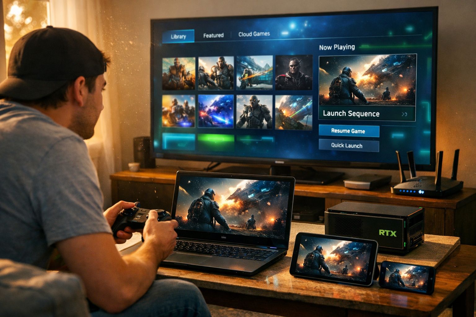 Jovem a jogar videojogo de ação em múltiplos ecrãs conectados numa sala com consola RTX.