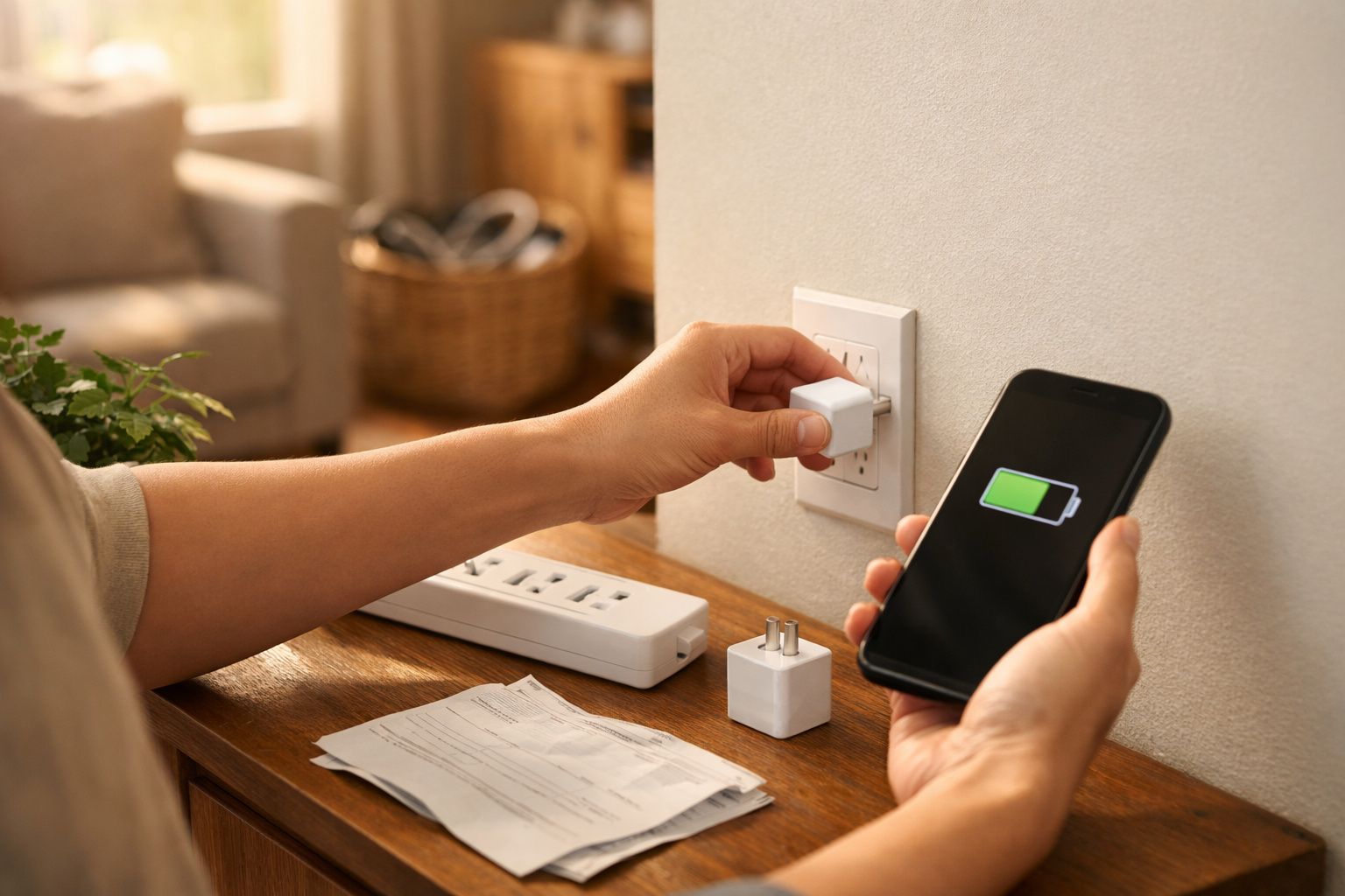 Pessoa a ligar carregador na tomada enquanto segura telemóvel com bateria a carregar.