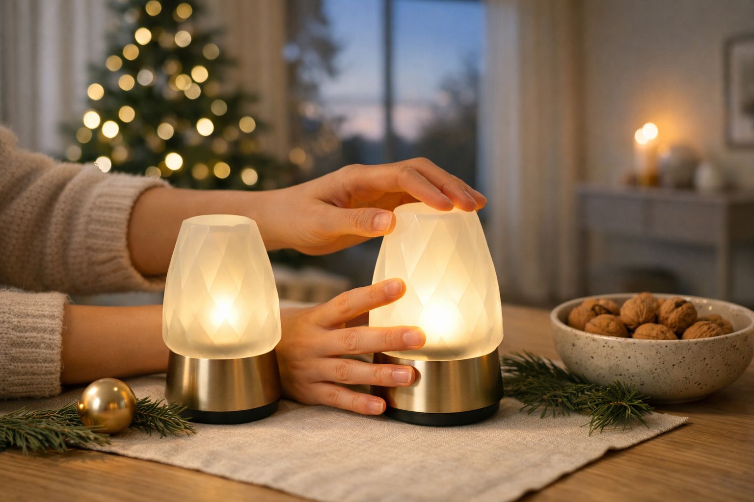 Mãos ajustam dois candeeiros de mesa iluminados, com decoração natalícia desfocada ao fundo.