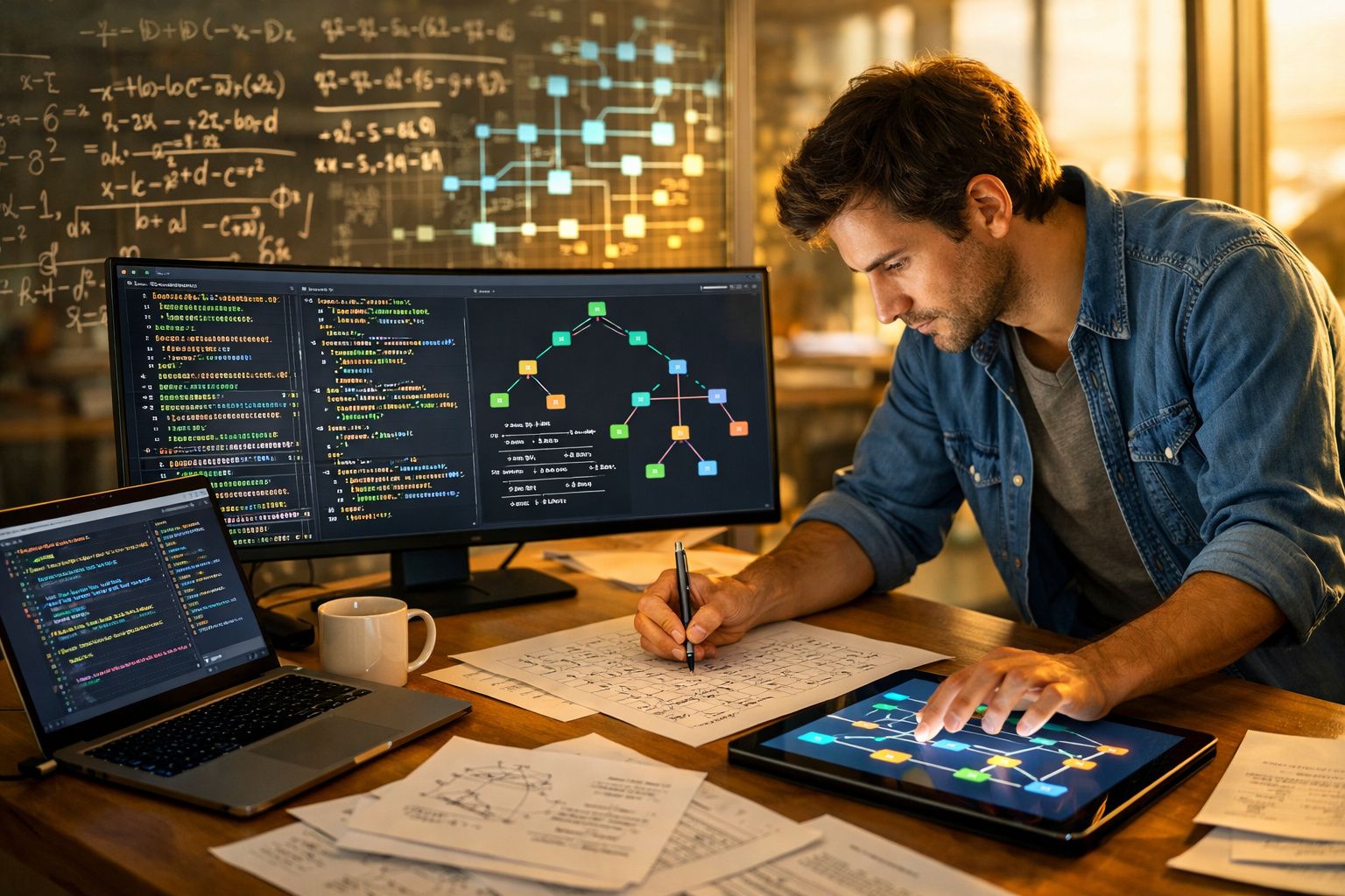 Homem a trabalhar com código e diagramas em computador, tablet e papel num ambiente de escritório moderno.