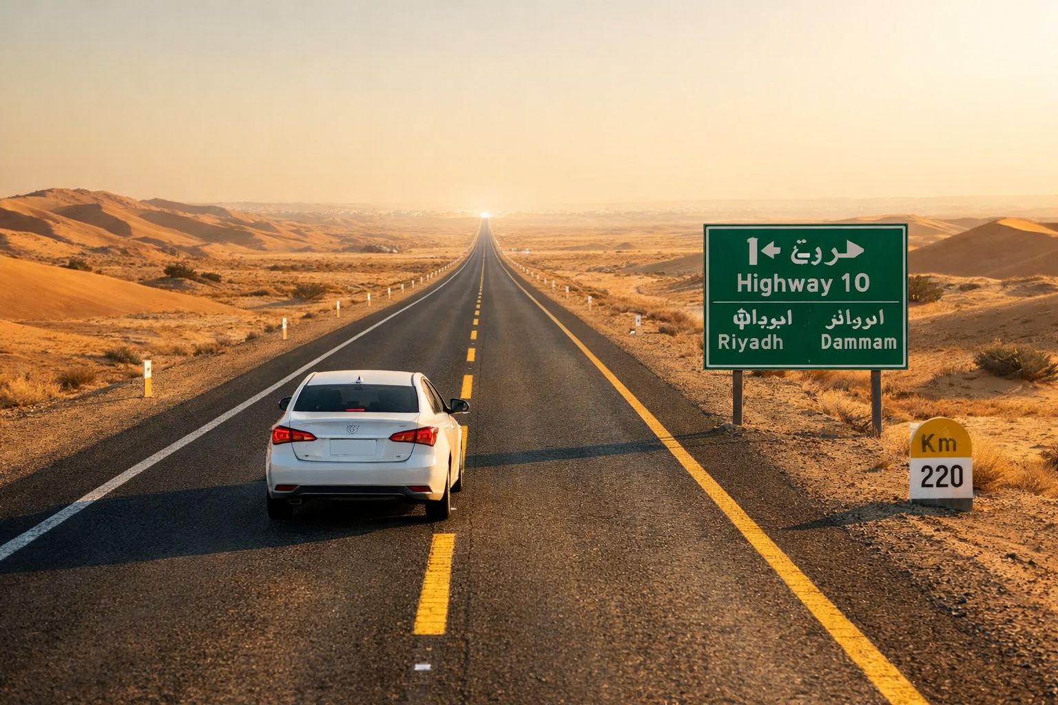 Carro branco a conduzir numa estrada deserta no deserto ao pôr do sol com sinais para Riyadh e Dammam.