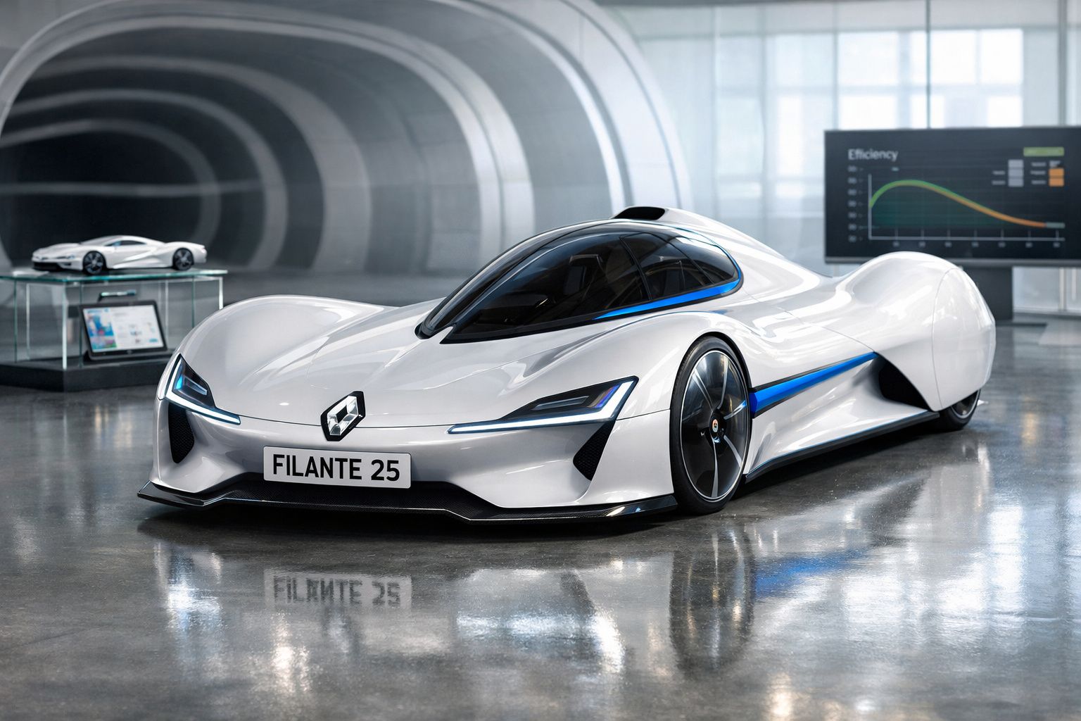 Carro conceito Renault Filante 25 branco com design futurista, detalhes azuis e rodas aerodinâmicas em exposição.