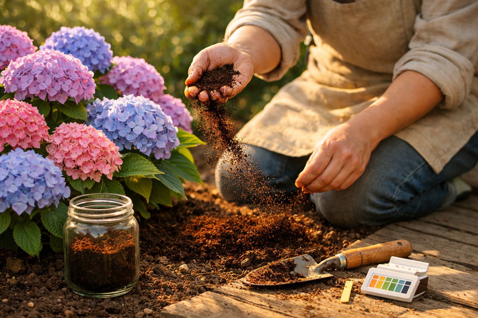Pessoa a semear terra num jardim com flores azuis e rosas e ferramentas de jardinagem ao lado.