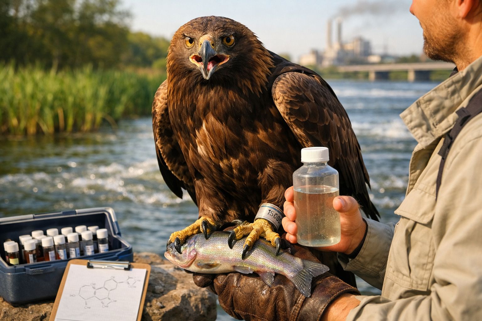 Águia-real pousada na mão de uma pessoa, segurando um peixe e um frasco com líquido, junto a material de laboratório.