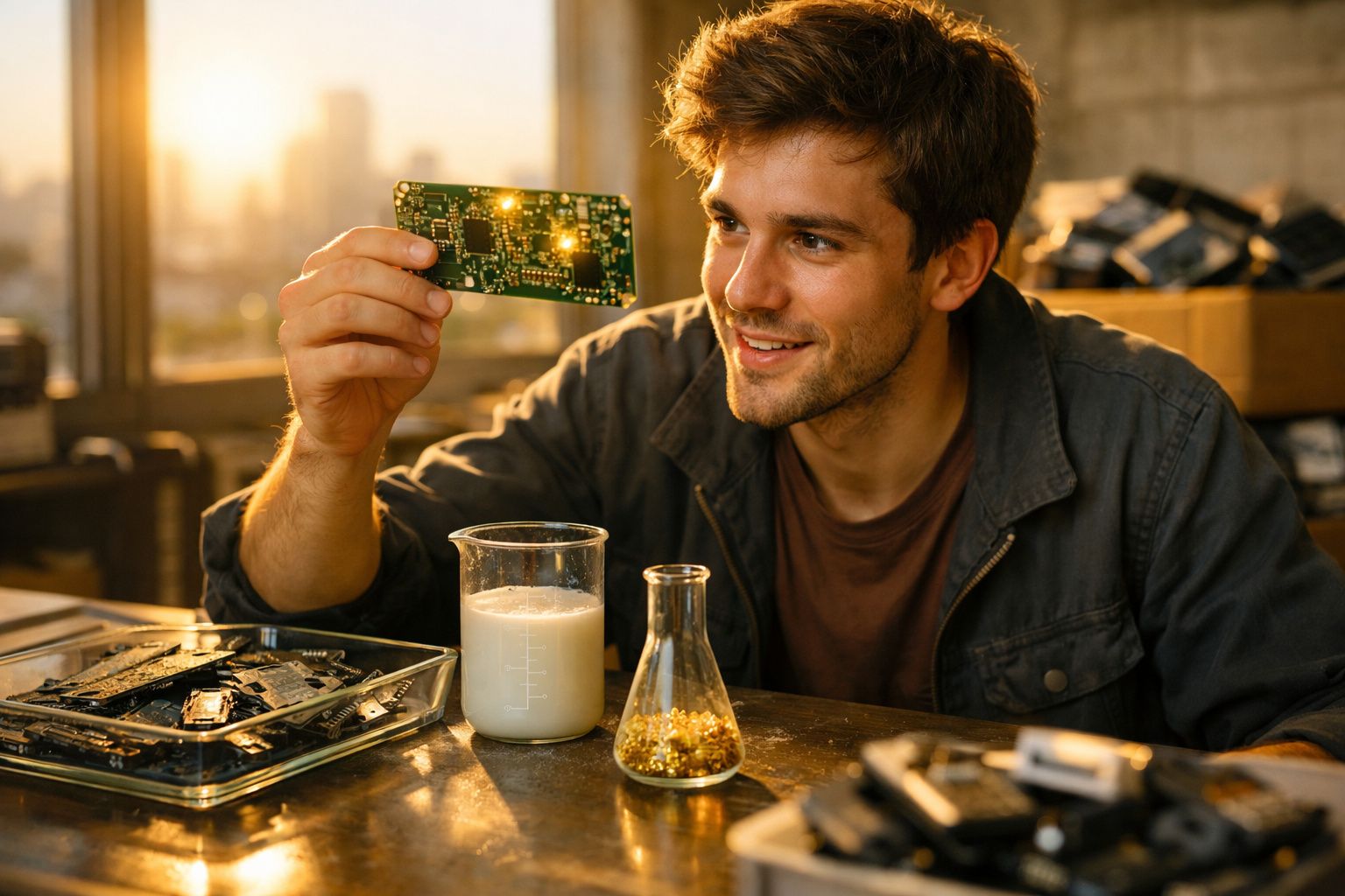 Homem a analisar placa eletrónica luminosa junto de objetos de laboratório numa oficina.