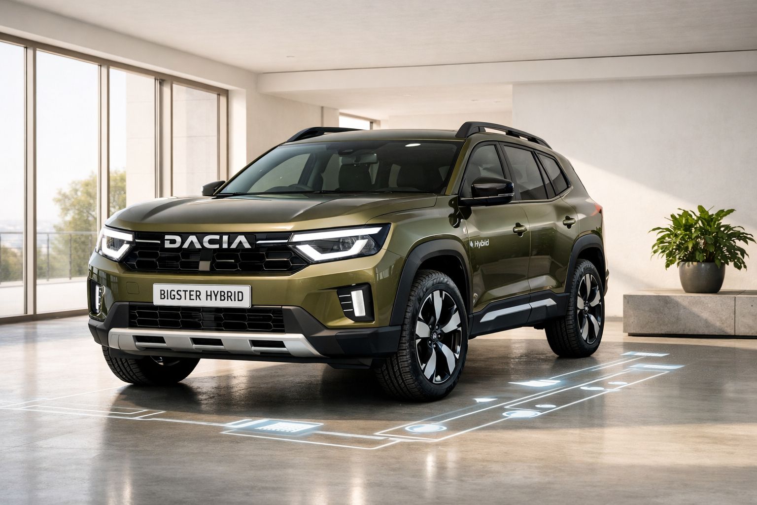 SUV Dacia Bigster Hybrid verde estacionado em garagem moderna com planta ao fundo.