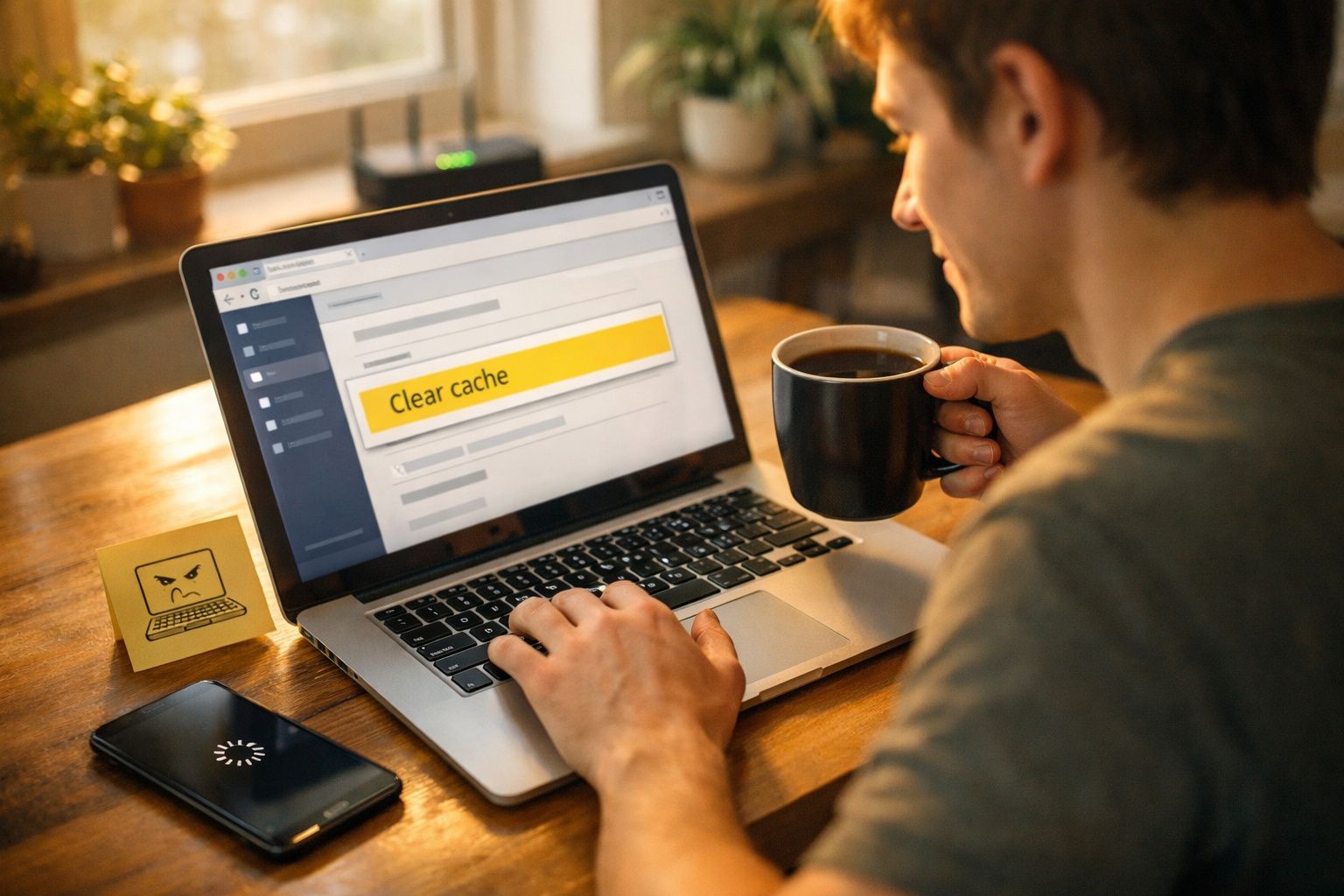 Homem a usar computador portátil com aviso "Clear cache" e a beber café numa caneca preta.