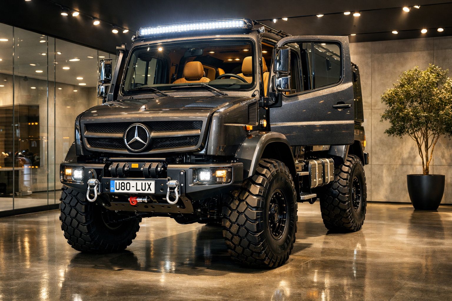 Veículo todo-o-terreno Mercedes-Benz preto com pneus grandes estacionado em piso interior polido.