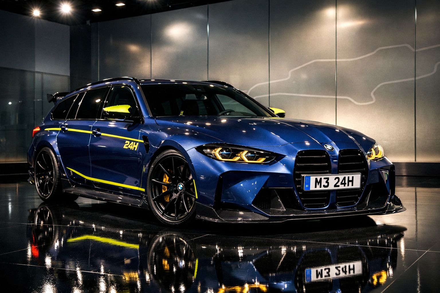 Carro desportivo BMW M3 Touring azul com detalhes amarelos, estacionado em ambiente moderno interior.