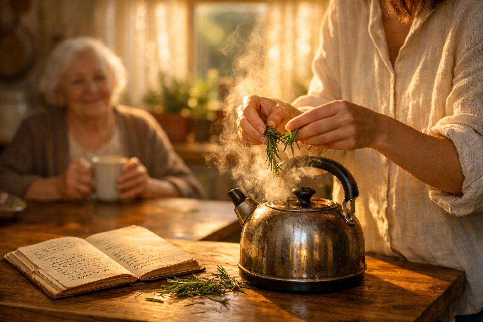 Pessoa a preparar chá com ervas num bule fumegante, com uma senhora idosa a sorrir ao fundo.