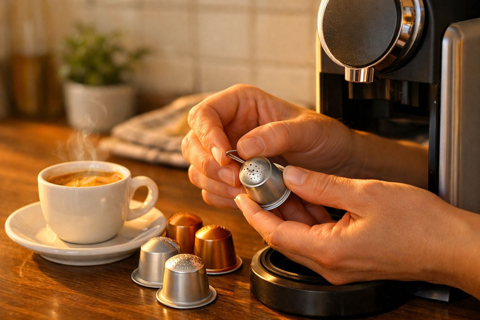 Mãos a preparar cápsulas de café para máquina ao lado de chávena de café quente em mesa de madeira.