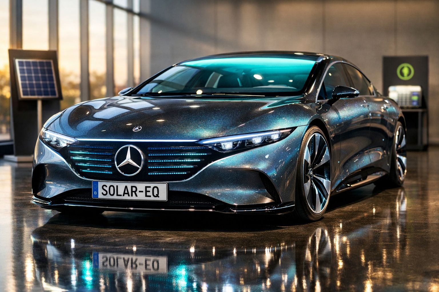 Carro elétrico Mercedes-Benz Solar EQ cinzento metálico estacionado num piso interior refletor.