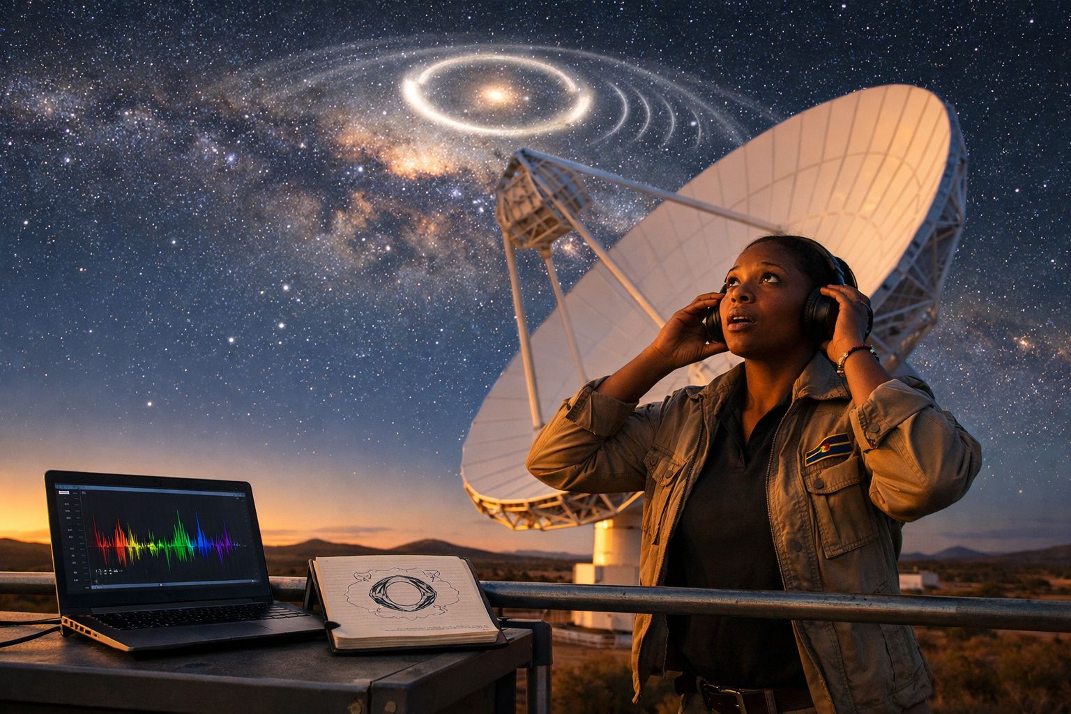 Mulher com auscultadores observa céu estrelado perto de antena parabólica com laptop e caderno à frente.