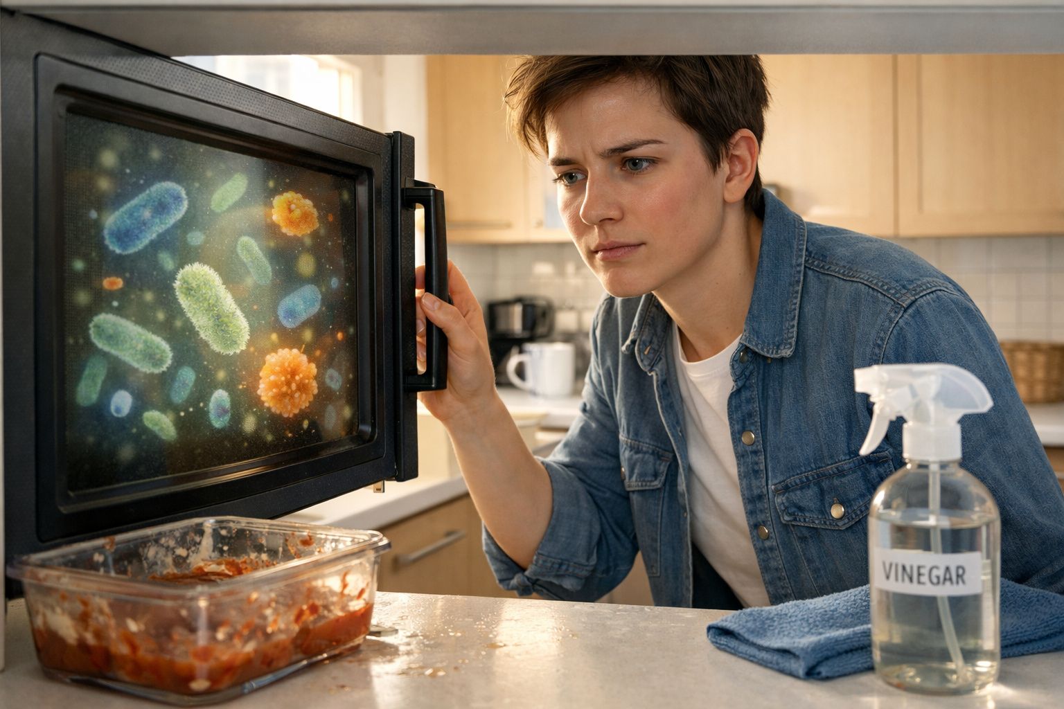 Pessoa a olhar para dentro de um micro-ondas com imagens ampliadas de bactérias, com spray de vinagre na bancada.