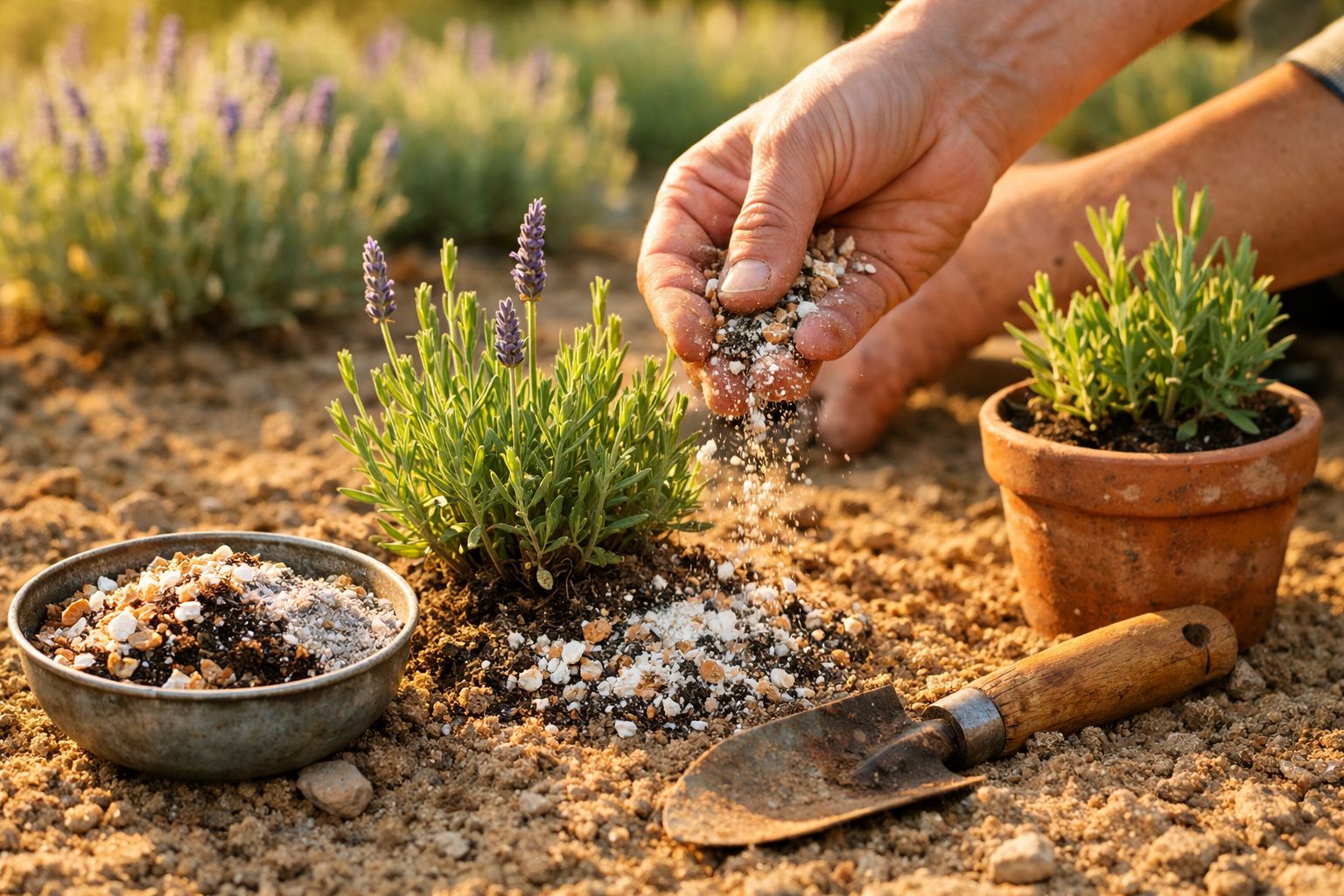 Mão a polvilhar fertilizante em planta de lavanda no jardim, com terra, vaso e enxada ao lado.