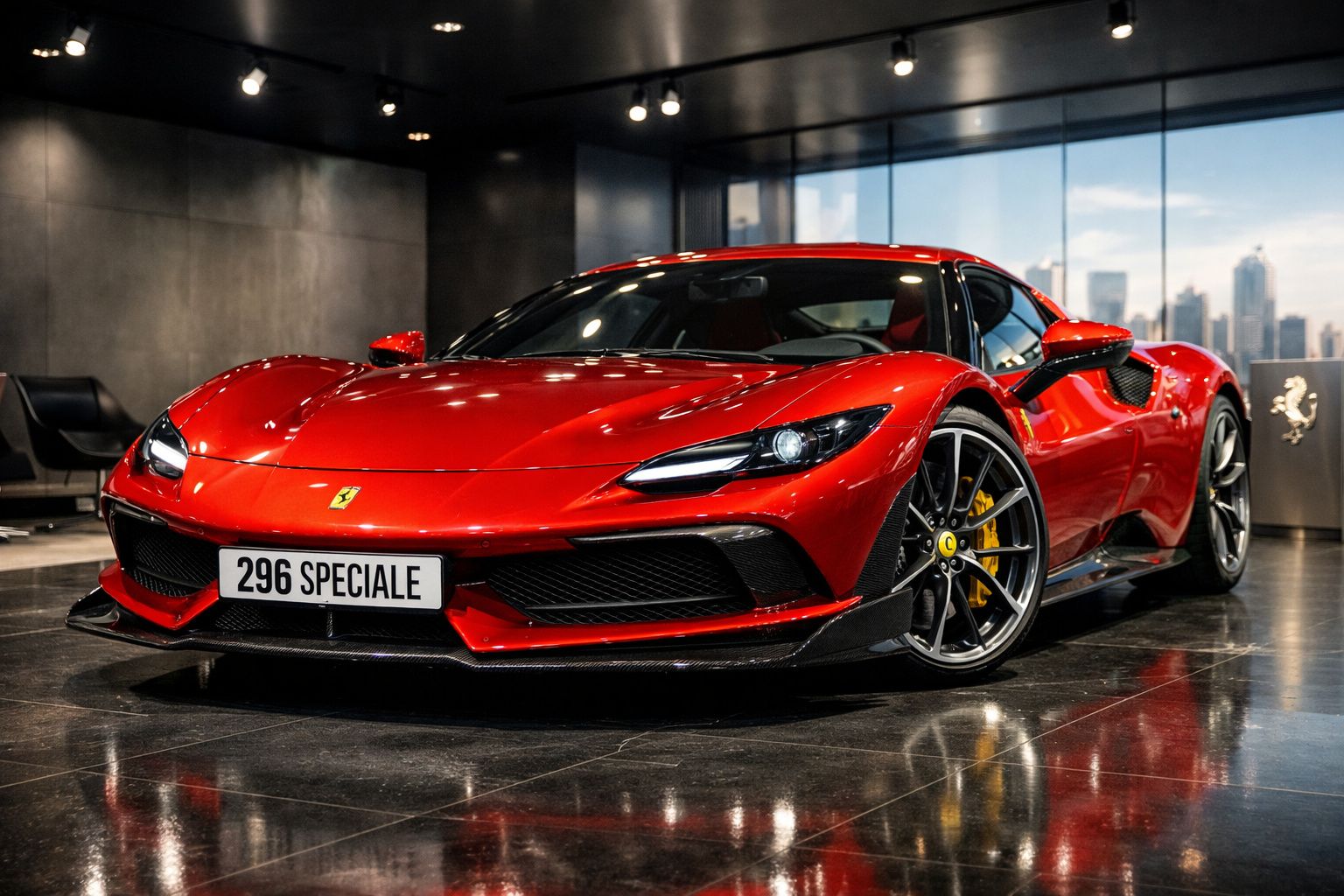 Ferrari 296 Speciale vermelho em exposição numa sala moderna com piso refletor e janelas amplas.