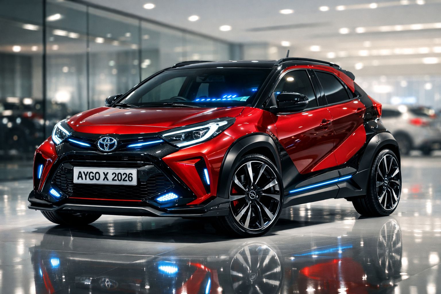 Carro Toyota Aygo X 2026 vermelho com detalhes em preto e luzes LED azuis estacionado em sala moderna.