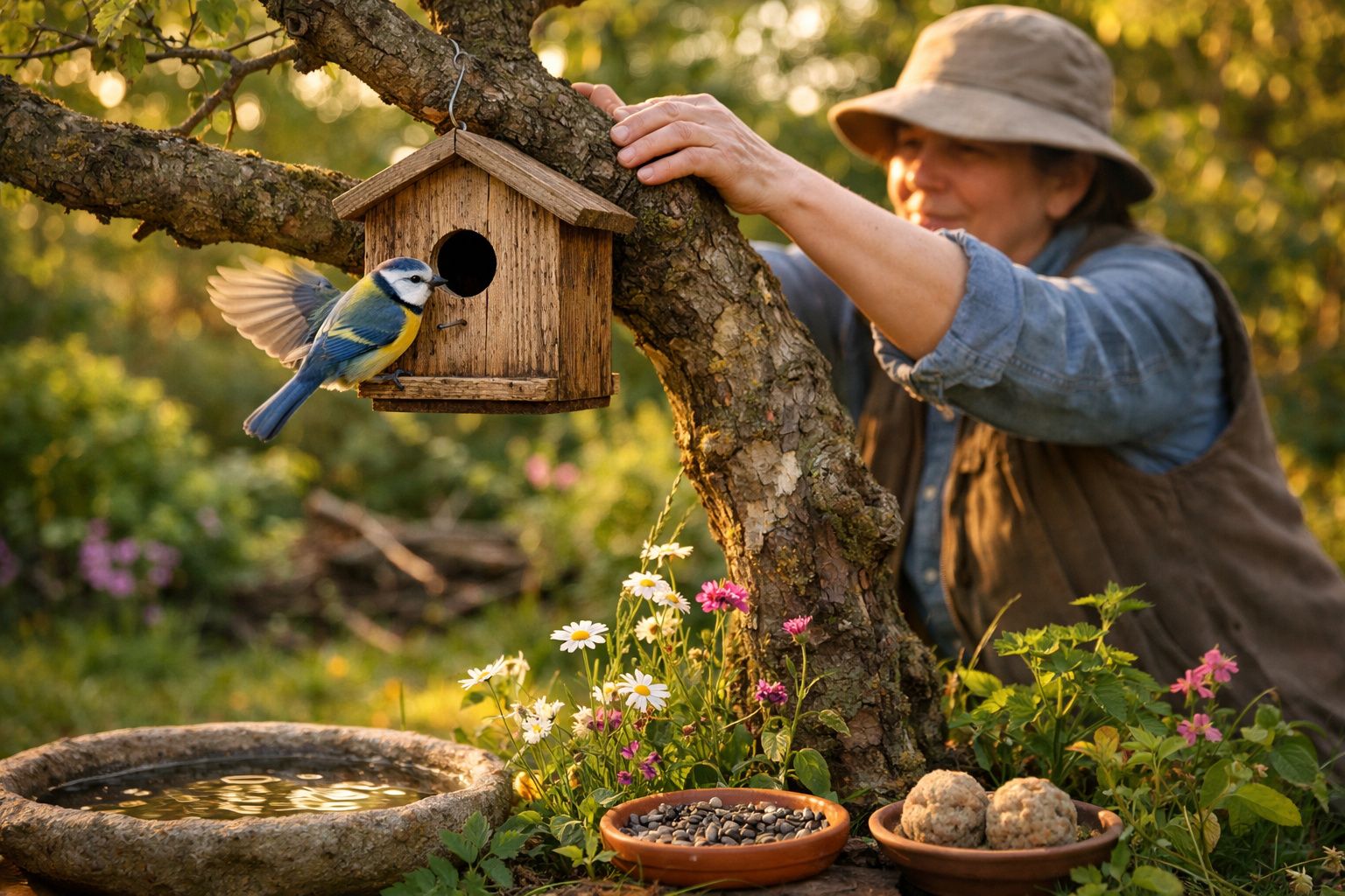 Mulher a colocar comedouro numa árvore, pardal azul a voar e flores junto a tigela de água no jardim.