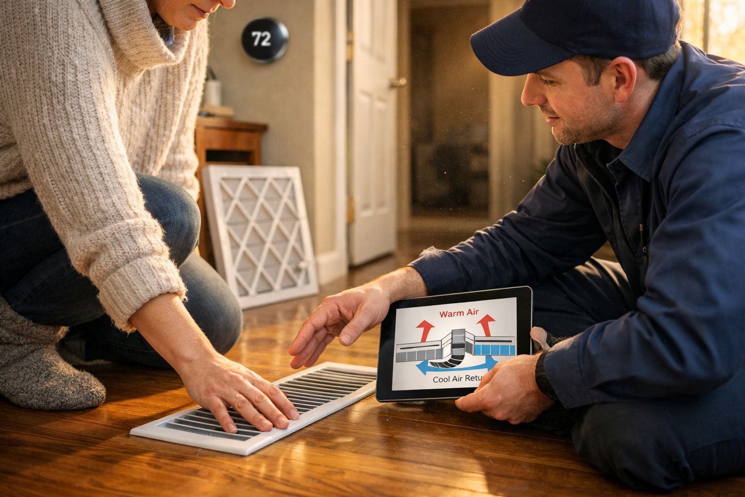 Técnico explica sistema de aquecimento a pessoa, mostrando esquema de circulação de ar quente e frio junto a grelha no chão.