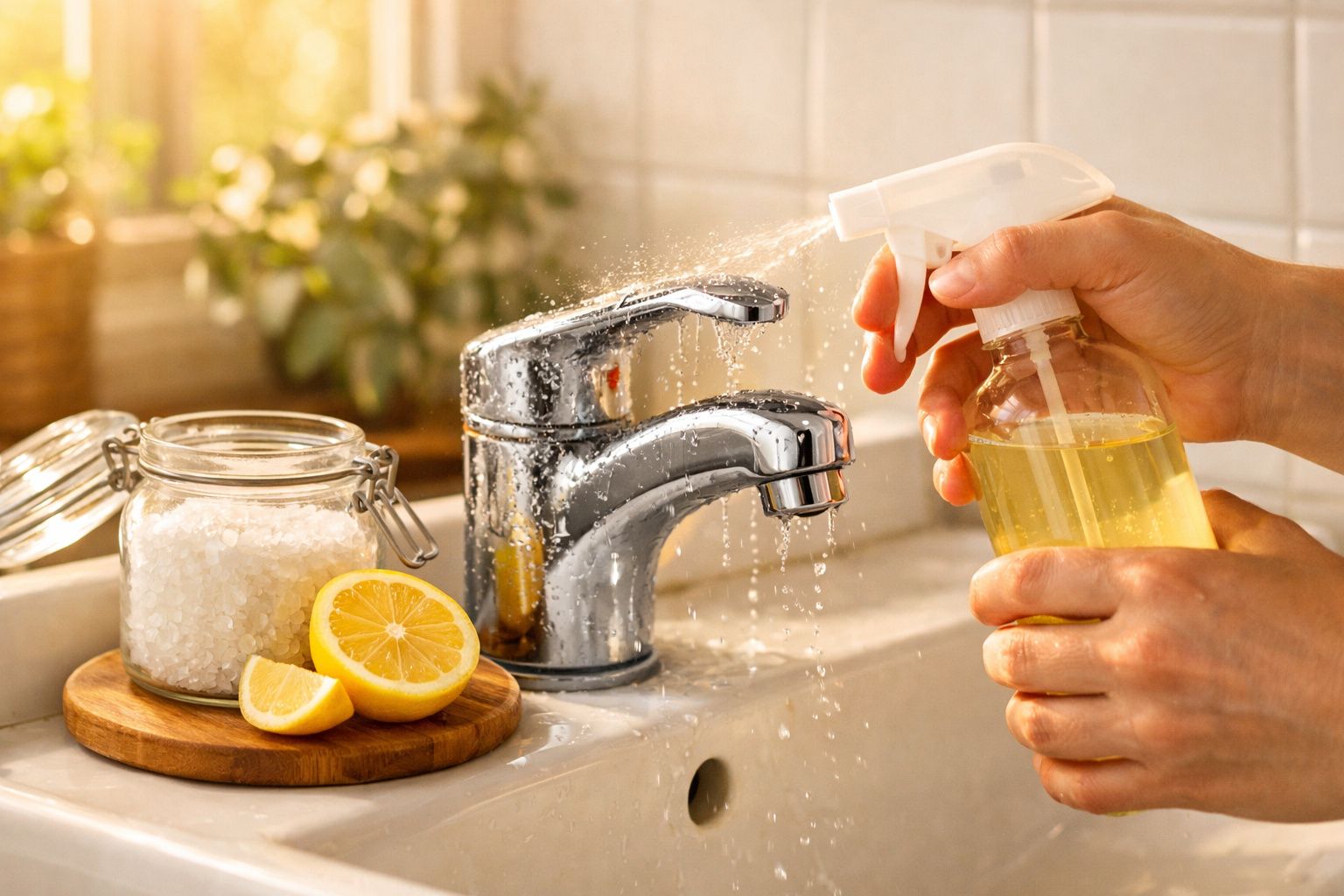 Mãos borrifam solução de limpeza num lavatório com torneira, limão e frasco de sal grosso ao lado.