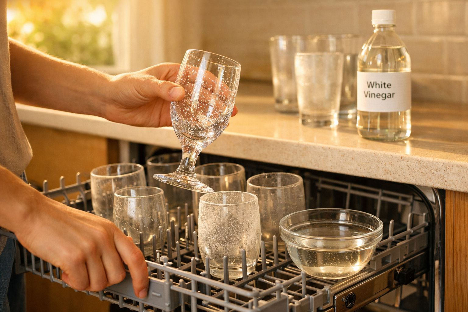 Pessoa a carregar copos húmidos numa máquina de lavar loiça numa cozinha com vinagre branco numa garrafa na bancada.