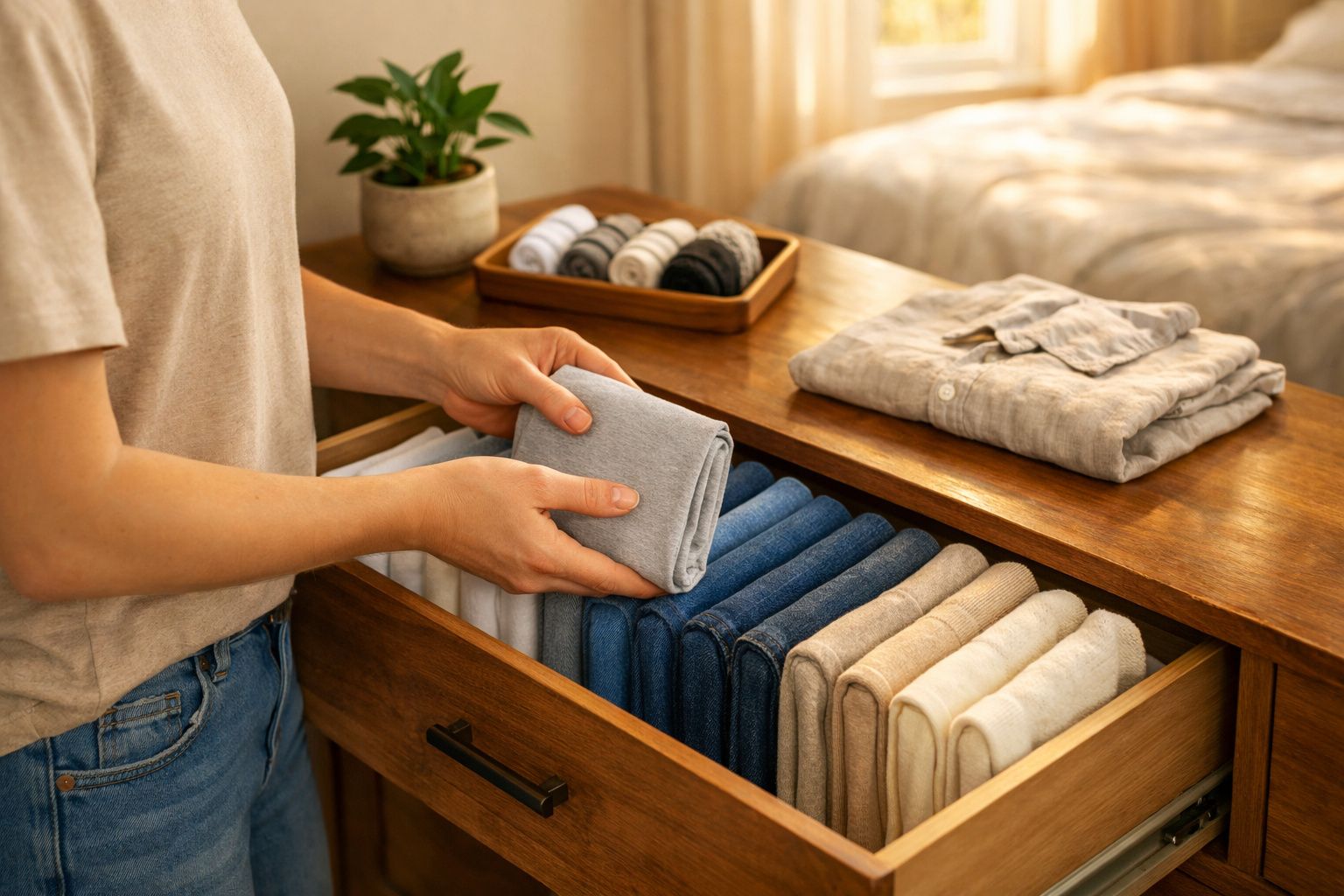 Pessoa a organizar roupas dobradas num guarda-roupa de madeira com várias peças alinhadas.