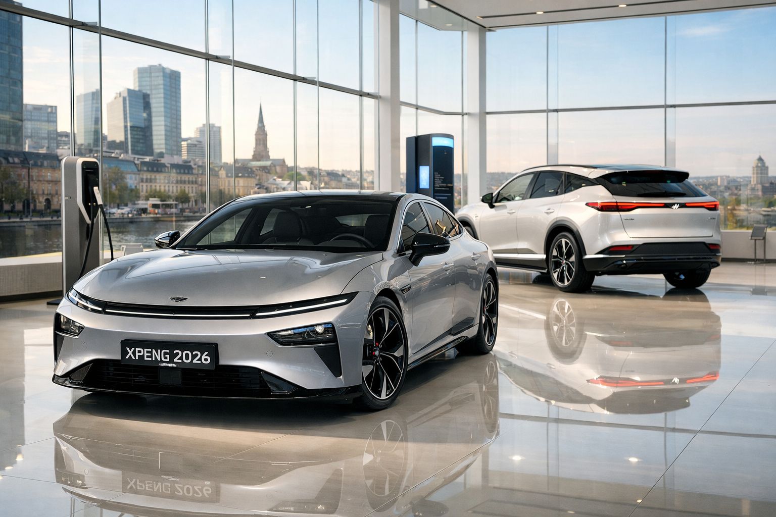 Dois carros elétricos modernos XPENG 2026 numa sala com grandes janelas e vista para a cidade.