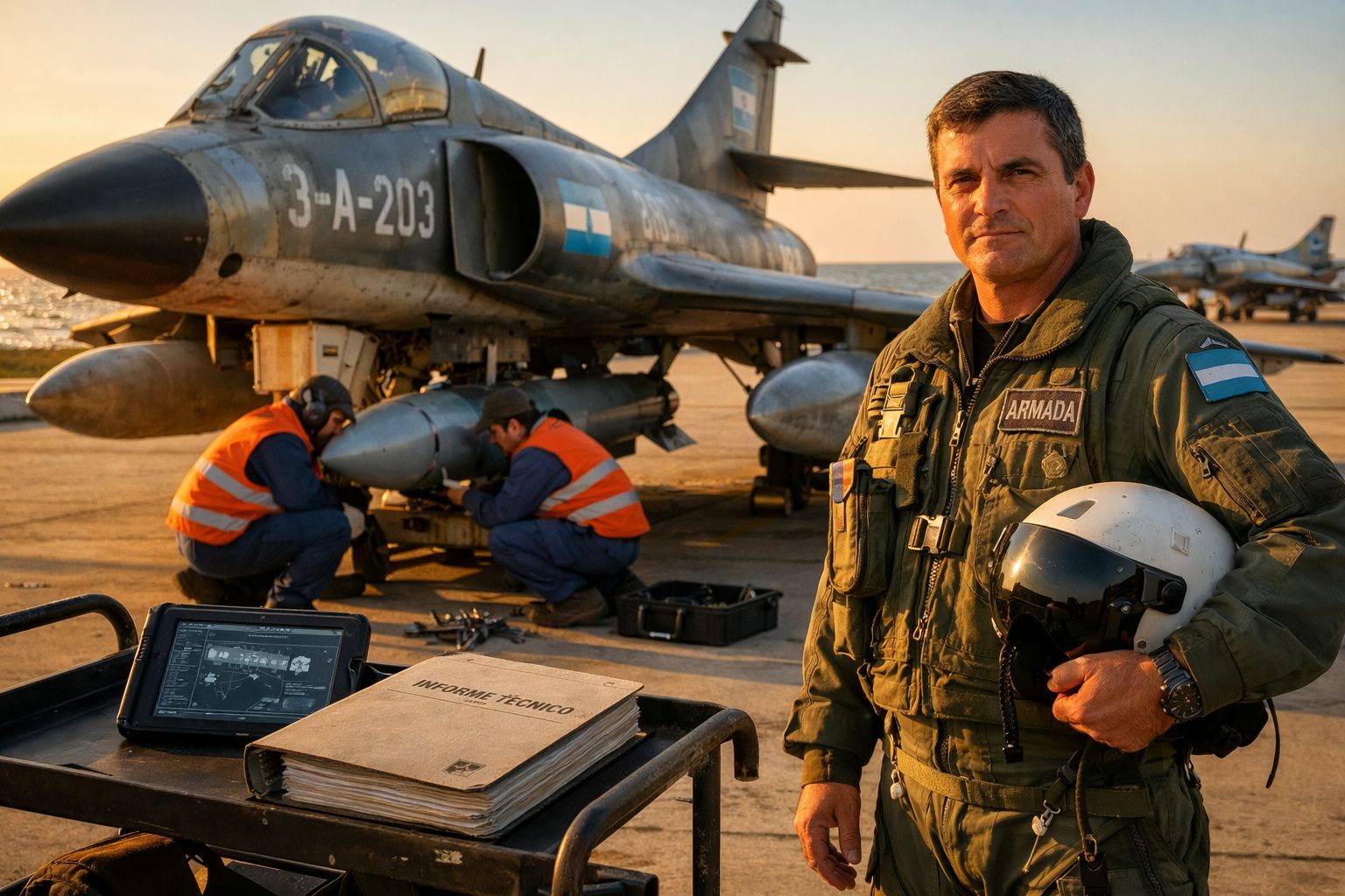 Piloto militar com fato verde segurando capacete junto a jato de combate e mecânicos em pista ao entardecer.