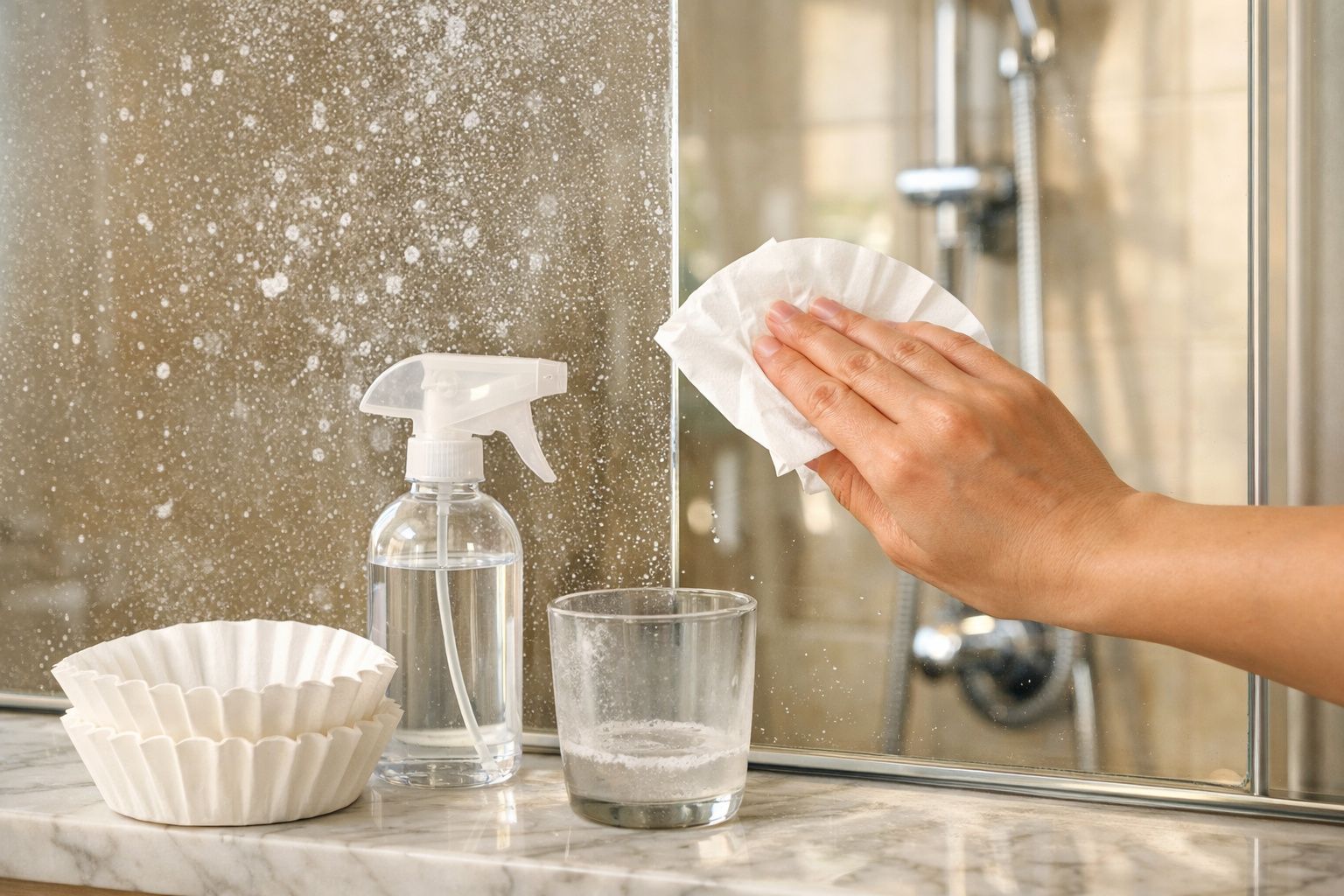 Pessoa a limpar espelho quarto de banho com pano, spray de limpeza, copo e filtros de café no lavatório.