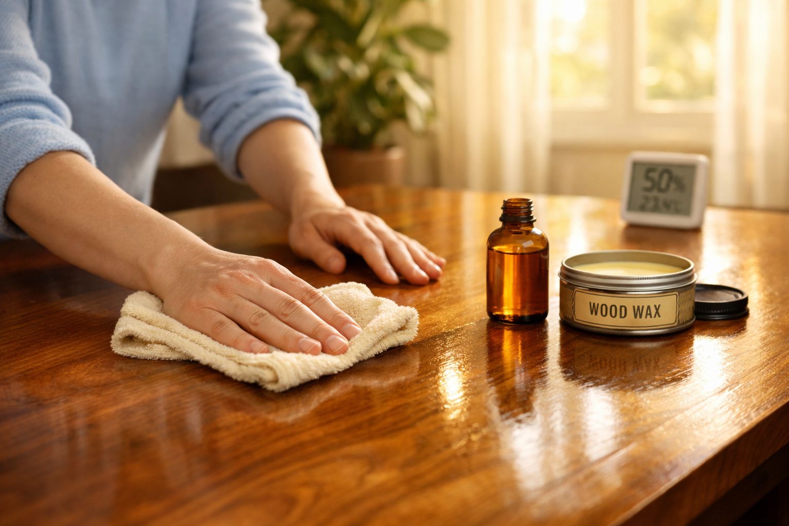 Pessoa a aplicar cera e óleo para restaurar o brilho de uma mesa de madeira polida.