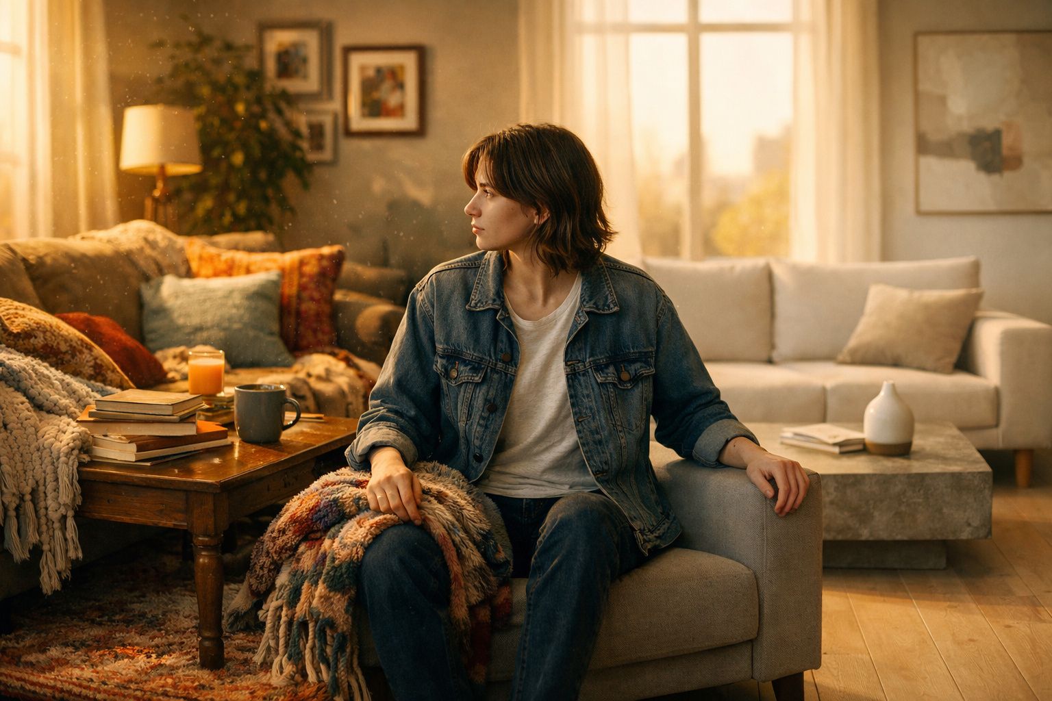 Pessoa sentada num sofá numa sala aconchegante, olhando para o lado, com iluminação natural suave.