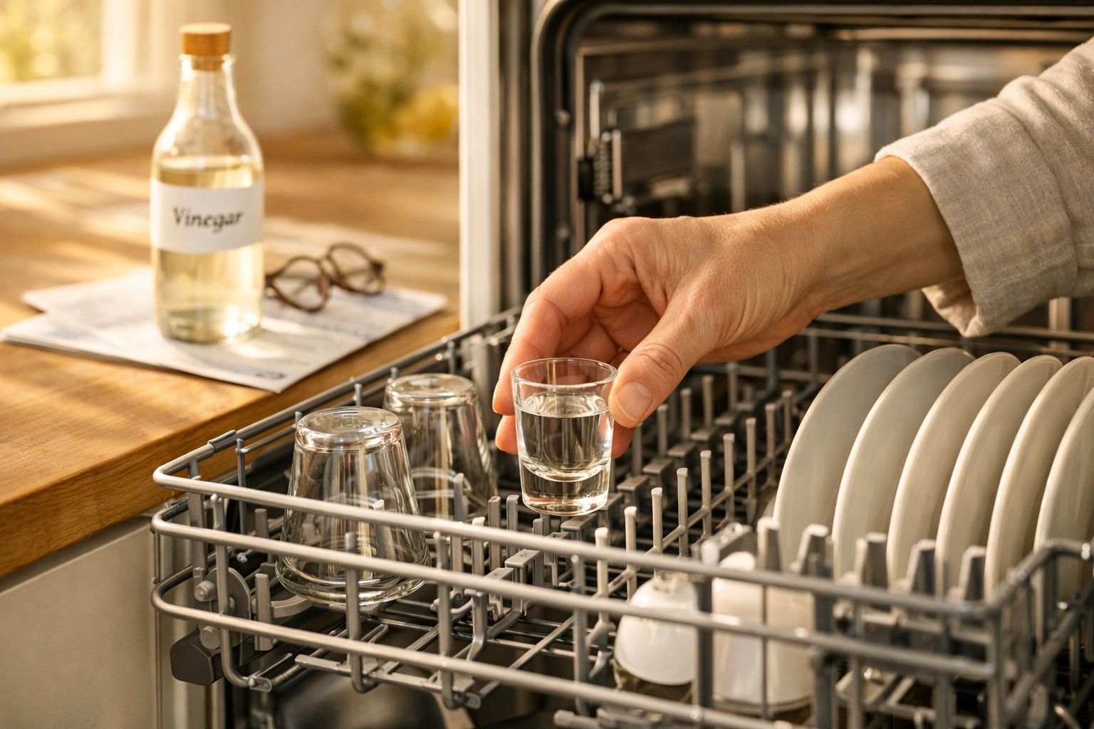 Mão a colocar copo pequeno numa máquina de lavar loiça com garrafa de vinagre no fundo sobre bancada.