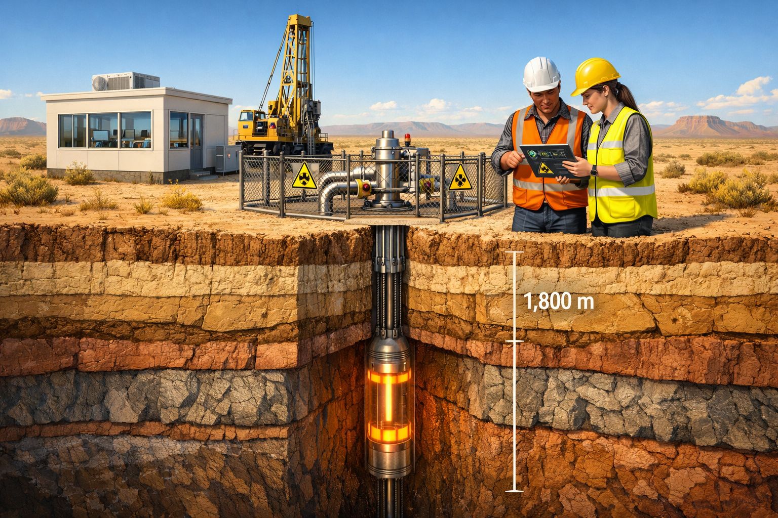 Instalação de energia geotérmica com técnicos a analisar dados e perfuração a 1.800 metros de profundidade.