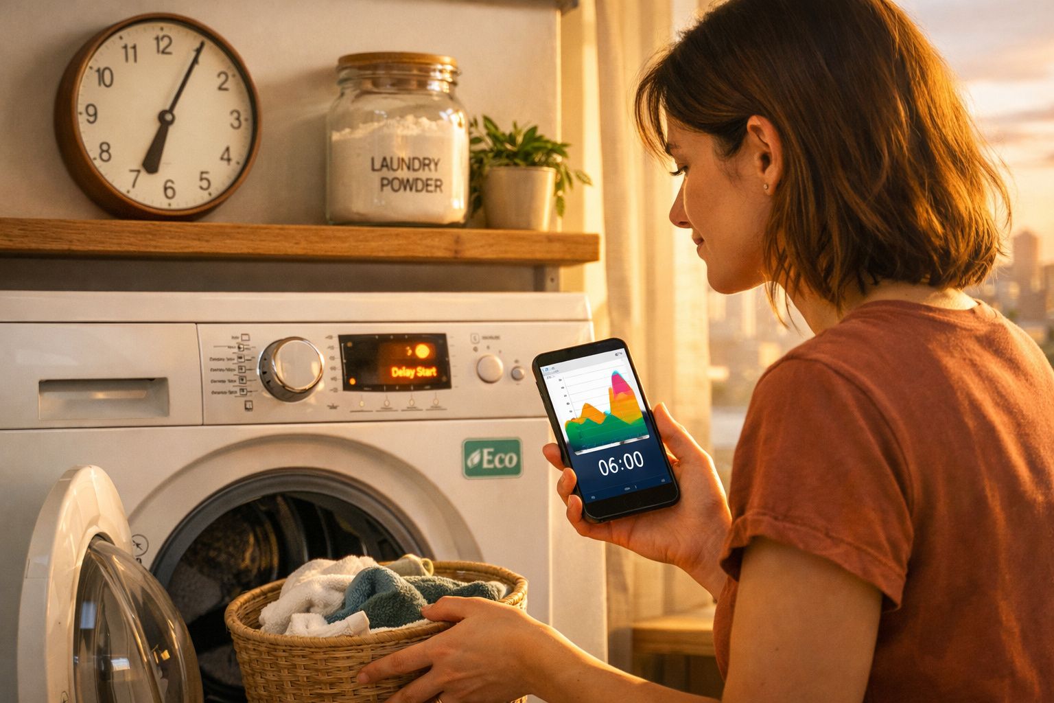 Mulher a fazer a lavagem de roupa usando uma máquina eco, a consultar a hora na aplicação do telemóvel.