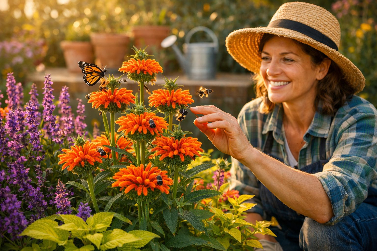 Mulher sorridente com chapéu de palha a cuidar de flores laranja no jardim, rodeada por abelhas e borboleta.