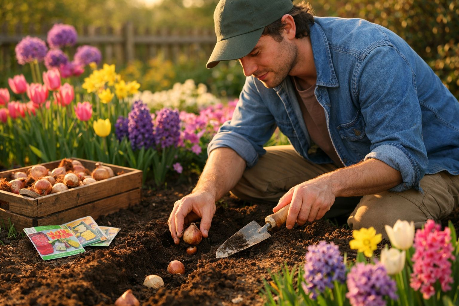 Homem a plantar tulipas e flores com bulbos num jardim florido ao entardecer.