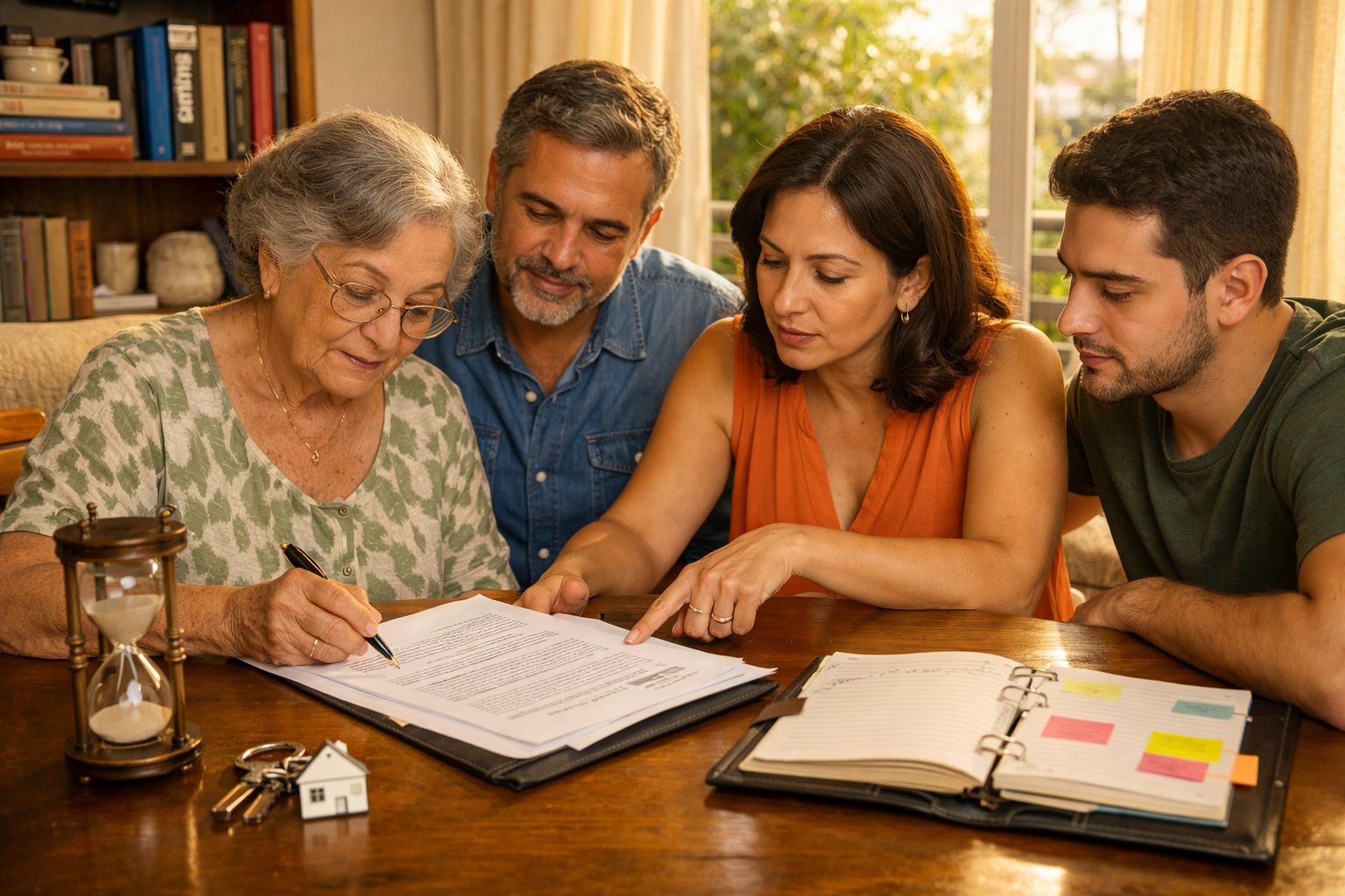 Família sentada à mesa a analisar e assinar documentos importantes num ambiente acolhedor.