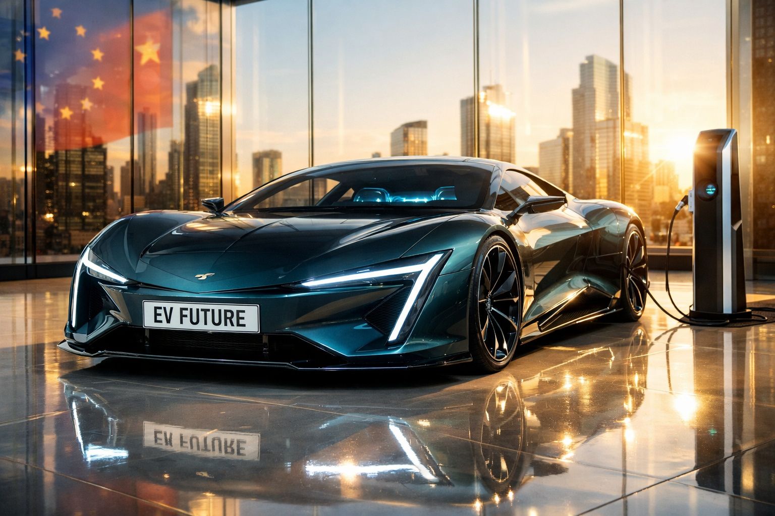 Carro elétrico desportivo futurista a carregar numa estação com cidade ao fundo ao pôr do sol.