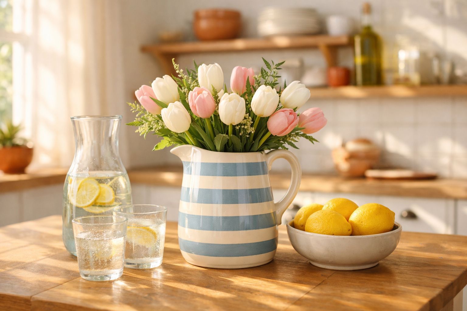 Jarro às riscas com tulipas brancas e rosas, jarro de água com limão e taças, e tigela com limões numa mesa de cozinha.