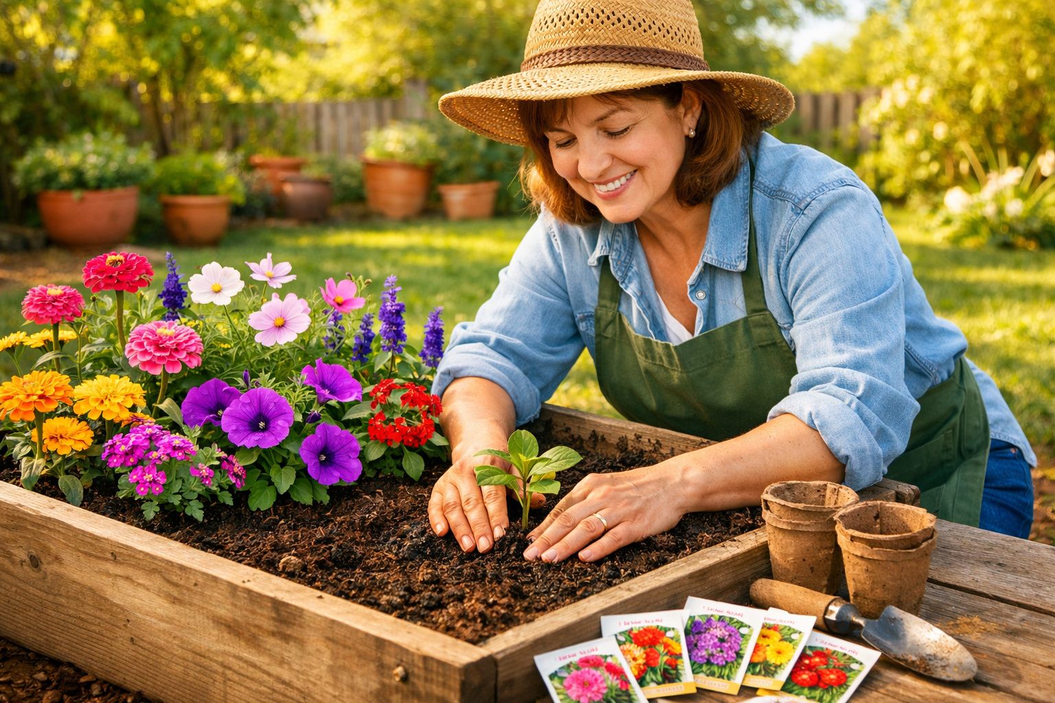Mulher sorridente a plantar muda numa horta de flores coloridas, usando chapéu e avental verde.