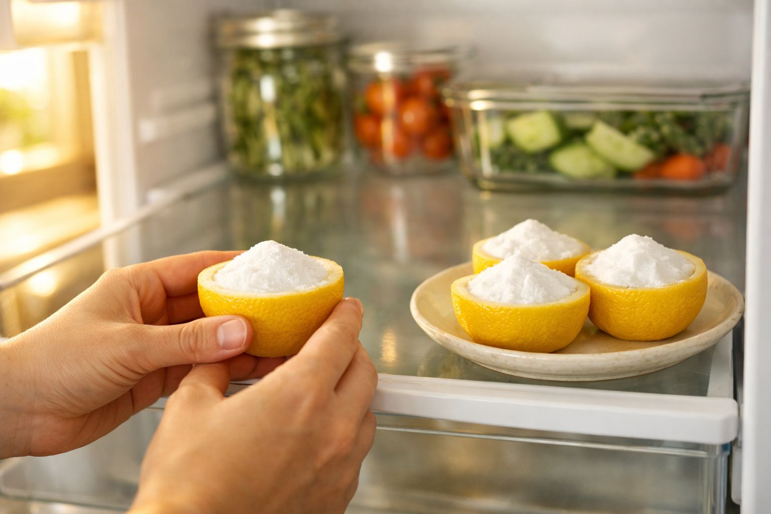 Mãos a colocar metades de limão com sal num prato dentro do frigorífico, ao lado de legumes.